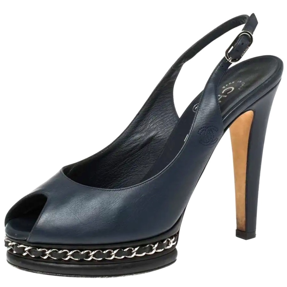 CHANEL Navy Blue Leather Chain Link Slingback Peep Toe Pumps Heels